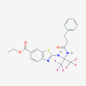 molecular formula C22H19F6N3O3S B396284 Ethyl 2-[[1,1,1,3,3,3-hexafluoro-2-(3-phenylpropanoylamino)propan-2-yl]amino]-1,3-benzothiazole-6-carboxylate CAS No. 488717-01-7