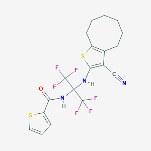 molecular formula C19H17F6N3OS2 B396286 N-[2-[(3-cyano-4,5,6,7,8,9-hexahydrocycloocta[b]thiophen-2-yl)amino]-1,1,1,3,3,3-hexafluoropropan-2-yl]thiophene-2-carboxamide 