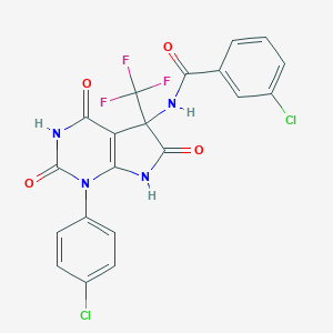 molecular formula C20H11Cl2F3N4O4 B396291 3-chloro-N-[1-(4-chlorophenyl)-2,4,6-trioxo-5-(trifluoromethyl)-2,3,4,5,6,7-hexahydro-1H-pyrrolo[2,3-d]pyrimidin-5-yl]benzamide 