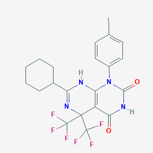 molecular formula C21H20F6N4O2 B396294 7-cyclohexyl-1-(4-methylphenyl)-5,5-bis(trifluoromethyl)-5,8-dihydropyrimido[4,5-d]pyrimidine-2,4(1H,3H)-dione 