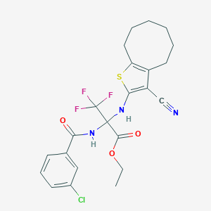 molecular formula C23H23ClF3N3O3S B396301 Ethyl 2-[(3-chlorobenzoyl)amino]-2-[(3-cyano-4,5,6,7,8,9-hexahydrocycloocta[b]thiophen-2-yl)amino]-3,3,3-trifluoropropanoate 