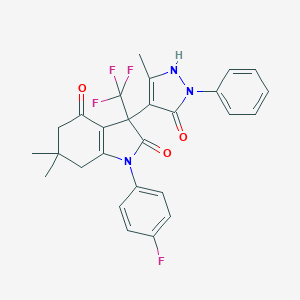 molecular formula C27H23F4N3O3 B396312 1-(4-fluorophenyl)-6,6-dimethyl-3-(5-methyl-3-oxo-2-phenyl-2,3-dihydro-1H-pyrazol-4-yl)-3-(trifluoromethyl)-3,5,6,7-tetrahydro-1H-indole-2,4-dione CAS No. 577765-24-3