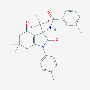 molecular formula C25H22ClF3N2O3 B396314 3-chloro-N-[6,6-dimethyl-1-(4-methylphenyl)-2,4-dioxo-3-(trifluoromethyl)-2,3,4,5,6,7-hexahydro-1H-indol-3-yl]benzamide CAS No. 573974-90-0