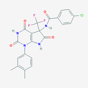 molecular formula C22H16ClF3N4O4 B396322 4-chloro-N-[1-(3,4-dimethylphenyl)-2,4,6-trioxo-5-(trifluoromethyl)-2,3,4,5,6,7-hexahydro-1H-pyrrolo[2,3-d]pyrimidin-5-yl]benzamide 