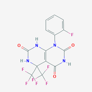 molecular formula C14H7F7N4O3 B396335 1-(2-fluorophenyl)-5,5-bis(trifluoromethyl)-5,8-dihydropyrimido[4,5-d]pyrimidine-2,4,7(1H,3H,6H)-trione 