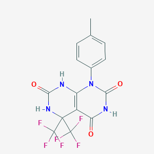 molecular formula C15H10F6N4O3 B396343 1-(4-methylphenyl)-5,5-bis(trifluoromethyl)-5,8-dihydropyrimido[4,5-d]pyrimidine-2,4,7(1H,3H,6H)-trione 