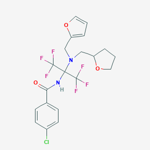 molecular formula C20H19ClF6N2O3 B396360 4-chloro-N-[2,2,2-trifluoro-1-[(2-furylmethyl)(tetrahydrofuran-2-ylmethyl)amino]-1-(trifluoromethyl)ethyl]benzamide 