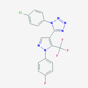 molecular formula C17H9ClF4N6 B396405 1-(4-chlorophenyl)-5-[1-(4-fluorophenyl)-5-(trifluoromethyl)-1H-pyrazol-4-yl]-1H-tetraazole 