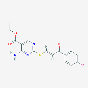 molecular formula C16H14FN3O3S B396415 Pyrimidine-5-carboxylic acid, 4-amino-2-[3-(4-fluorophenyl)-3-oxo-1-propenylthio]-, ethyl ester 