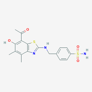 molecular formula C18H19N3O4S2 B039653 Benzenesulfonamide,4-[[(7-acetyl-6-hydroxy-4,5-dimethyl-2-benzothiazolyl)amino]methyl]- CAS No. 120164-59-2
