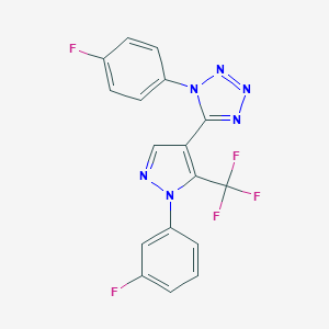 molecular formula C17H9F5N6 B396573 1-(4-fluorophenyl)-5-[1-(3-fluorophenyl)-5-(trifluoromethyl)-1H-pyrazol-4-yl]-1H-tetraazole 