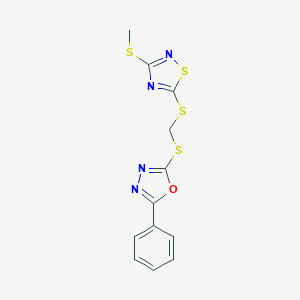 molecular formula C12H10N4OS4 B396623 2-[({[3-(Methylsulfanyl)-1,2,4-thiadiazol-5-yl]sulfanyl}methyl)sulfanyl]-5-phenyl-1,3,4-oxadiazole 