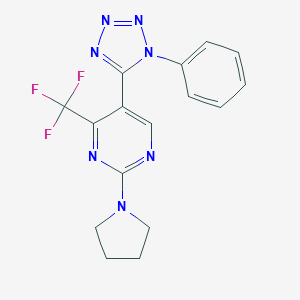 molecular formula C16H14F3N7 B396673 5-(1-phenyl-1H-tetraazol-5-yl)-2-(1-pyrrolidinyl)-4-(trifluoromethyl)pyrimidine 