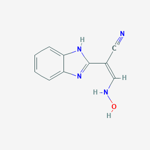 molecular formula C10H8N4O B039668 Propanenitrile, 2-(1,3-dihydro-2H-benzimidazol-2-ylidene)-3-(hydroxyimino)-(9CI) CAS No. 123772-63-4