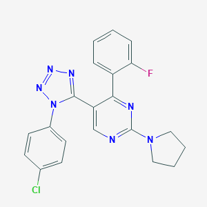 molecular formula C21H17ClFN7 B396686 5-[1-(4-chlorophenyl)-1H-tetraazol-5-yl]-4-(2-fluorophenyl)-2-(1-pyrrolidinyl)pyrimidine 