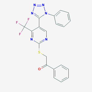 molecular formula C20H13F3N6OS B396768 1-phenyl-2-{[5-(1-phenyl-1H-tetraazol-5-yl)-4-(trifluoromethyl)-2-pyrimidinyl]sulfanyl}ethanone 