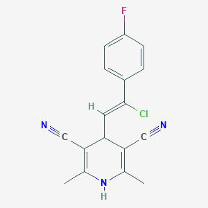 molecular formula C17H13ClFN3 B396771 4-[2-Chloro-2-(4-fluorophenyl)vinyl]-2,6-dimethyl-1,4-dihydro-3,5-pyridinedicarbonitrile 