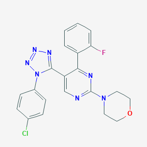 molecular formula C21H17ClFN7O B396786 4-[5-[1-(4-chlorophenyl)-1H-tetraazol-5-yl]-4-(2-fluorophenyl)-2-pyrimidinyl]morpholine 