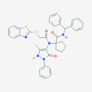 molecular formula C39H37N5O3S2 B396988 1-{[(1,3-benzothiazol-2-ylsulfanyl)acetyl](1,5-dimethyl-3-oxo-2-phenyl-2,3-dihydro-1H-pyrazol-4-yl)amino}-N-(diphenylmethyl)cyclopentanecarboxamide 