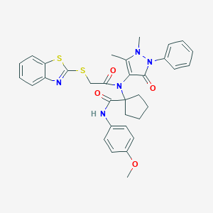 molecular formula C33H33N5O4S2 B396989 1-[[(1,3-benzothiazol-2-ylsulfanyl)acetyl](1,5-dimethyl-3-oxo-2-phenyl-2,3-dihydro-1H-pyrazol-4-yl)amino]-N-(4-methoxyphenyl)cyclopentanecarboxamide 