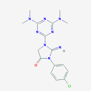 molecular formula C16H19ClN8O B397131 1-[4,6-Bis(dimethylamino)-1,3,5-triazin-2-yl]-3-(4-chlorophenyl)-2-iminoimidazolidin-4-one 