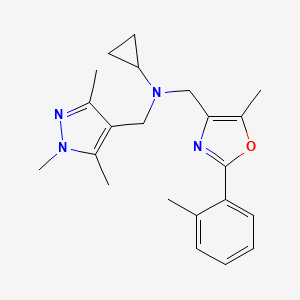 molecular formula C22H28N4O B3971327 N-{[5-methyl-2-(2-methylphenyl)-1,3-oxazol-4-yl]methyl}-N-[(1,3,5-trimethyl-1H-pyrazol-4-yl)methyl]cyclopropanamine 