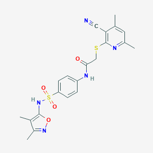 molecular formula C21H21N5O4S2 B397174 2-[(3-cyano-4,6-dimethyl-2-pyridinyl)thio]-N-(4-{[(3,4-dimethyl-5-isoxazolyl)amino]sulfonyl}phenyl)acetamide 