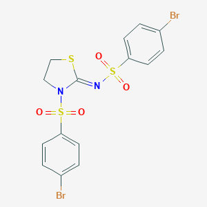 molecular formula C15H12Br2N2O4S3 B397176 4-bromo-N-{3-[(4-bromophenyl)sulfonyl]-1,3-thiazolidin-2-ylidene}benzenesulfonamide 