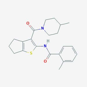 molecular formula C22H26N2O2S B397258 2-methyl-N-{3-[(4-methylpiperidin-1-yl)carbonyl]-5,6-dihydro-4H-cyclopenta[b]thiophen-2-yl}benzamide 