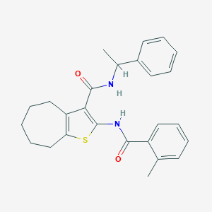 molecular formula C26H28N2O2S B397265 2-[(2-methylbenzoyl)amino]-N-(1-phenylethyl)-5,6,7,8-tetrahydro-4H-cyclohepta[b]thiophene-3-carboxamide 