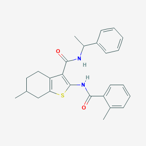 molecular formula C26H28N2O2S B397268 6-methyl-2-[(2-methylbenzoyl)amino]-N-(1-phenylethyl)-4,5,6,7-tetrahydro-1-benzothiophene-3-carboxamide 