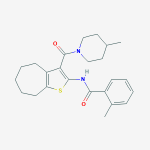 molecular formula C24H30N2O2S B397269 2-methyl-N-{3-[(4-methylpiperidin-1-yl)carbonyl]-5,6,7,8-tetrahydro-4H-cyclohepta[b]thiophen-2-yl}benzamide 