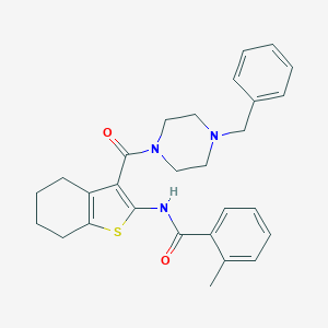 molecular formula C28H31N3O2S B397271 N~1~-{3-[(4-benzylpiperazino)carbonyl]-4,5,6,7-tetrahydro-1-benzothiophen-2-yl}-2-methylbenzamide 