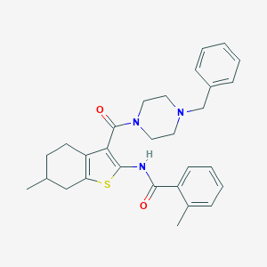 molecular formula C29H33N3O2S B397274 N-{3-[(4-benzylpiperazin-1-yl)carbonyl]-6-methyl-4,5,6,7-tetrahydro-1-benzothiophen-2-yl}-2-methylbenzamide 