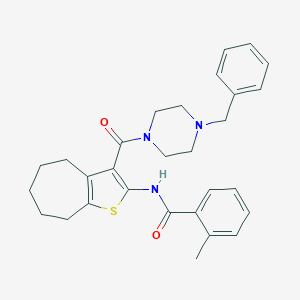molecular formula C29H33N3O2S B397277 N-{3-[(4-benzylpiperazin-1-yl)carbonyl]-5,6,7,8-tetrahydro-4H-cyclohepta[b]thiophen-2-yl}-2-methylbenzamide 