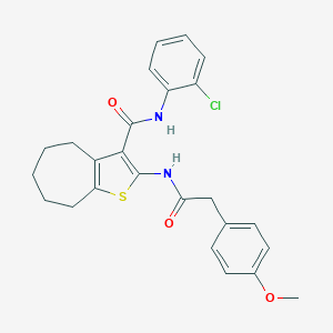 molecular formula C25H25ClN2O3S B397287 N-(2-chlorophenyl)-2-{[(4-methoxyphenyl)acetyl]amino}-5,6,7,8-tetrahydro-4H-cyclohepta[b]thiophene-3-carboxamide 
