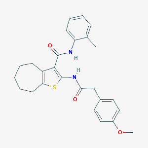 molecular formula C26H28N2O3S B397291 2-{[(4-methoxyphenyl)acetyl]amino}-N-(2-methylphenyl)-5,6,7,8-tetrahydro-4H-cyclohepta[b]thiophene-3-carboxamide 