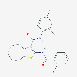 molecular formula C25H25FN2O2S B397298 N-(2,4-dimethylphenyl)-2-[(2-fluorobenzoyl)amino]-5,6,7,8-tetrahydro-4H-cyclohepta[b]thiophene-3-carboxamide 