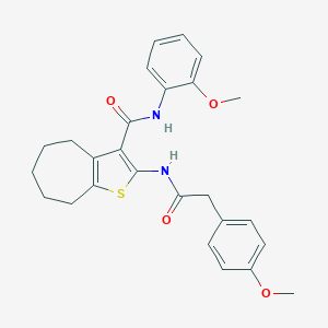 molecular formula C26H28N2O4S B397299 N-(2-methoxyphenyl)-2-{[(4-methoxyphenyl)acetyl]amino}-5,6,7,8-tetrahydro-4H-cyclohepta[b]thiophene-3-carboxamide 
