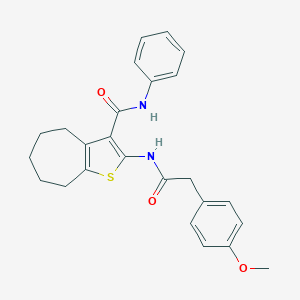 molecular formula C25H26N2O3S B397307 2-{[(4-methoxyphenyl)acetyl]amino}-N-phenyl-5,6,7,8-tetrahydro-4H-cyclohepta[b]thiophene-3-carboxamide 