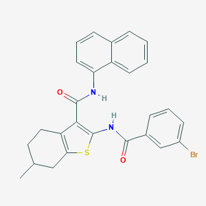 molecular formula C27H23BrN2O2S B397329 2-{[(3-bromophenyl)carbonyl]amino}-6-methyl-N-(naphthalen-1-yl)-4,5,6,7-tetrahydro-1-benzothiophene-3-carboxamide 