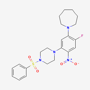 molecular formula C22H27FN4O4S B3974587 1-{2-fluoro-4-nitro-5-[4-(phenylsulfonyl)-1-piperazinyl]phenyl}azepane 