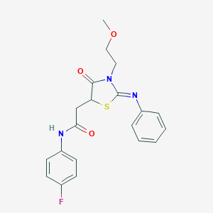 molecular formula C20H20FN3O3S B397519 N-(4-fluorophenyl)-2-[3-(2-methoxyethyl)-4-oxo-2-(phenylimino)-1,3-thiazolidin-5-yl]acetamide 