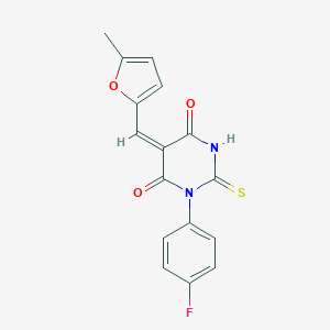molecular formula C16H11FN2O3S B397564 1-(4-Fluoro-phenyl)-5-(5-methyl-furan-2-ylmethylene)-2-thioxo-dihydro-pyrimidine-4,6-dione CAS No. 352648-69-2