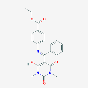 molecular formula C22H21N3O5 B397571 Ethyl 4-[[(1,3-dimethyl-2,4,6-trioxo-1,3-diazinan-5-ylidene)-phenylmethyl]amino]benzoate CAS No. 352648-86-3