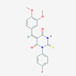 molecular formula C19H15FN2O4S B397597 5-(3,4-dimethoxybenzylidene)-1-(4-fluorophenyl)-2-thioxodihydro-4,6(1H,5H)-pyrimidinedione 