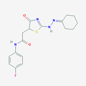 molecular formula C17H19FN4O2S B397669 2-[2-(2-cyclohexylidenehydrazinyl)-4-oxo-1,3-thiazol-5-yl]-N-(4-fluorophenyl)acetamide 