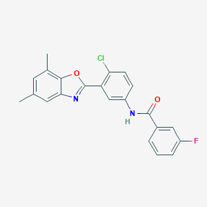 molecular formula C22H16ClFN2O2 B397706 N-[4-chloro-3-(5,7-dimethyl-1,3-benzoxazol-2-yl)phenyl]-3-fluorobenzamide 