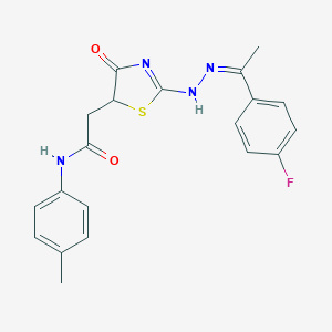 molecular formula C20H19FN4O2S B397716 2-[2-[(2Z)-2-[1-(4-fluorophenyl)ethylidene]hydrazinyl]-4-oxo-1,3-thiazol-5-yl]-N-(4-methylphenyl)acetamide 
