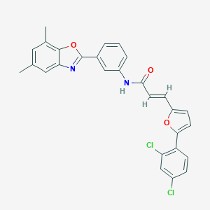 molecular formula C28H20Cl2N2O3 B397791 (2E)-3-[5-(2,4-dichlorophenyl)furan-2-yl]-N-[3-(5,7-dimethyl-1,3-benzoxazol-2-yl)phenyl]prop-2-enamide 